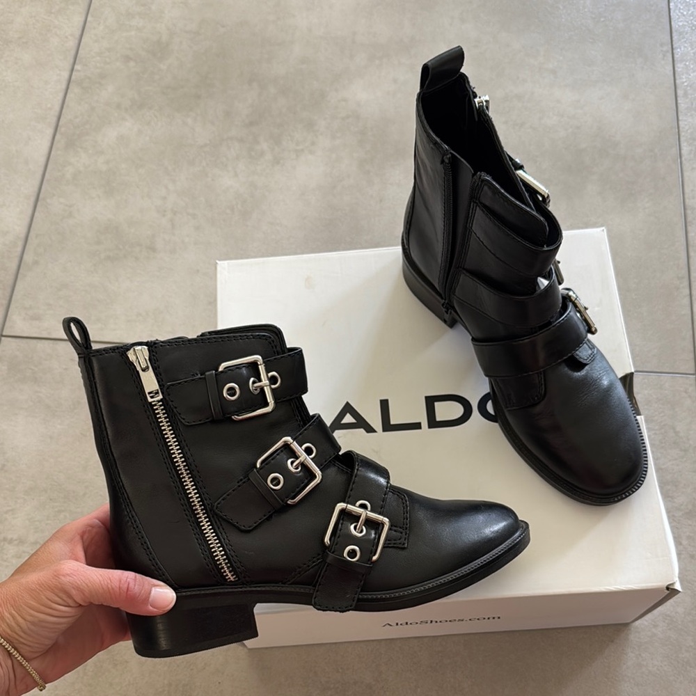 Aldo Triple Buckle Black Combat Boots